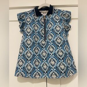 Umgee Blue and White Printed Flutter Sleeve Top Zip Front Size M